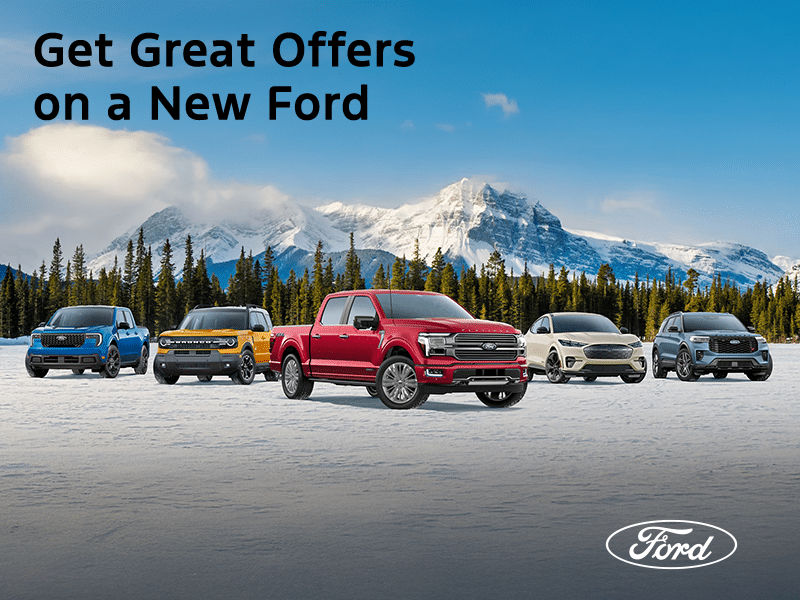 Ford vehicles parked on a snowy landscape with a mountain view. Text: "Get Great Offers on a New Ford."