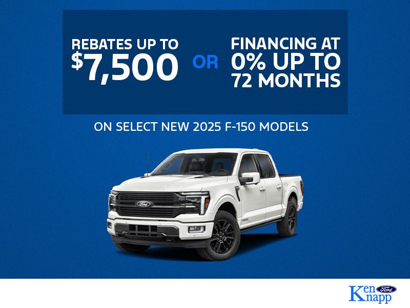 Rebates up to $7,500 or 0% financing for 72 months on new 2025 Ford F-150 models.