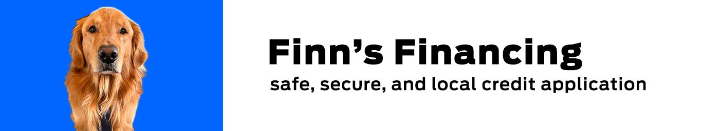 Golden retriever on blue background, text: "Finn's Financing, safe, secure, and local credit application."
