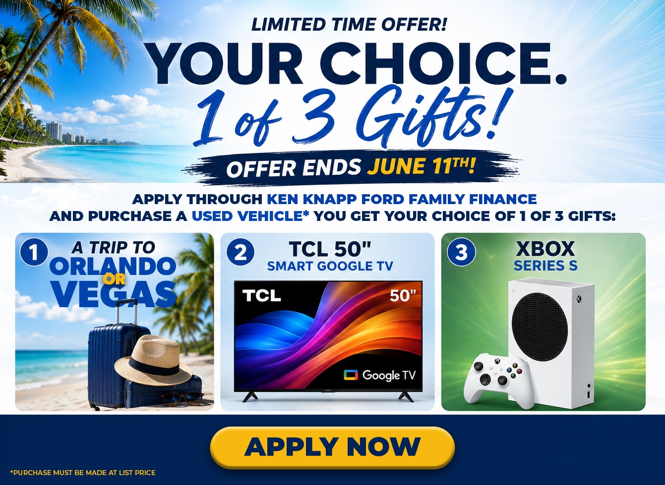 Promotional offer with choice of trip to Orlando or Vegas, TCL 50" TV, or Xbox Series S for vehicle purchase.